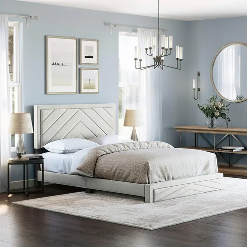 Vista 9 de Beaumont - Cama de plataforma tapizada con cabecero, base de colchón con 14 soportes de listones de madera, no requiere somier, piel sintética