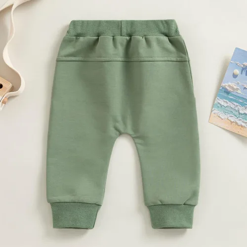 Vista 4 de Mubineo Pantalones deportivos básicos lisos para bebés, niños y niñas, cómodos pantalones de algodón con bolsillos