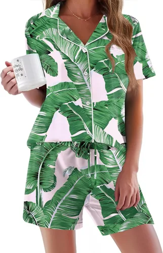 Vista 45 de Ekouaer - Conjunto de pijamas de manga corta para mujer, con botones, suave, 2 piezas, conjuntos de descanso, tallas XS-XXXL Verde Aqua