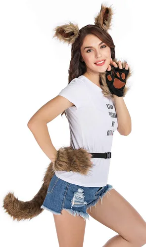 Vista 3 de HAOAN Juego de orejas y guantes con clip de cola de zorro lobo para Halloween, Navidad, fiesta de disfraces, juguetes, regalo para mujeres