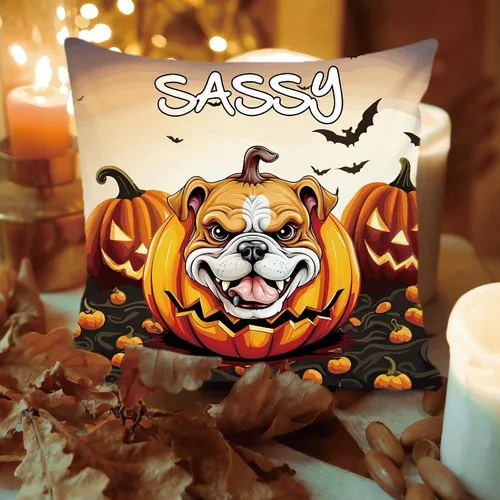 Vista 4 de Funda de almohada personalizada de Halloween, diseño de calabaza, lindo cachorro, funda decorativa de lona para sofá, 16 x 16 pulgadas, estampado