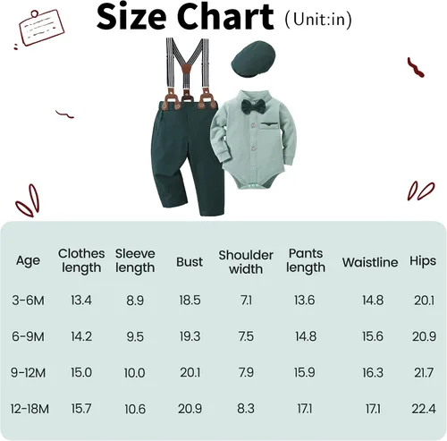 Vista 7 de SOLOYEE Ropa para bebé niño trajes de caballero para bebés, vestido de manga larga, pantalones con tirantes, corbatín, boina, sombrero de boina