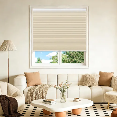 Vista 8 de Grandekor Persianas Opacas de Ventana y Estores Sin Cable con Celdas, Beige-Blanco Pálido, 46x48 pulgadas Honeycomb Shades Create a Darker Room