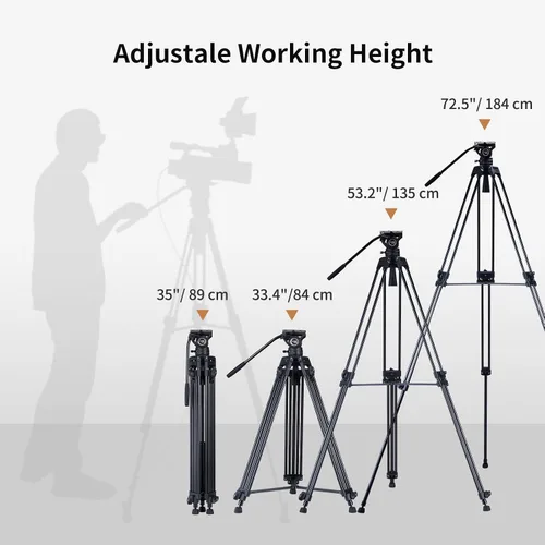 Vista 4 de Sistema de trípode de video Cayer BV30L, trípode de aluminio de doble tubo resistente de 72" con cabezal fluido K3, base plana de 75mm, carga máxima