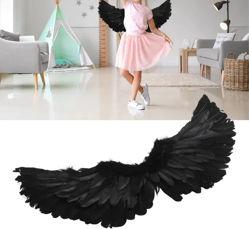 Vista 5 de Alas de ángel negras disfraz de ángel de otoño disfraz de fiesta de Halloween cosplay ala de ángel de plumas para niños adultos y mujeres S