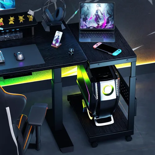 Vista 8 de Soporte de torre para computadora, soporte de torre para PC con ruedas, doble nivel y soporte de CPU ajustable de 5 niveles (23.2-33.5 pulgadas)