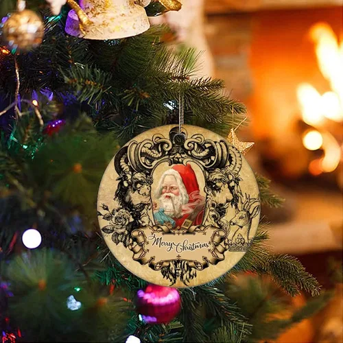Vista 3 de Adorno de Navidad de cerámica retro impreso de dos caras para familiares, amigos, niños, colgantes de recuerdo de Navidad de Papá Noel
