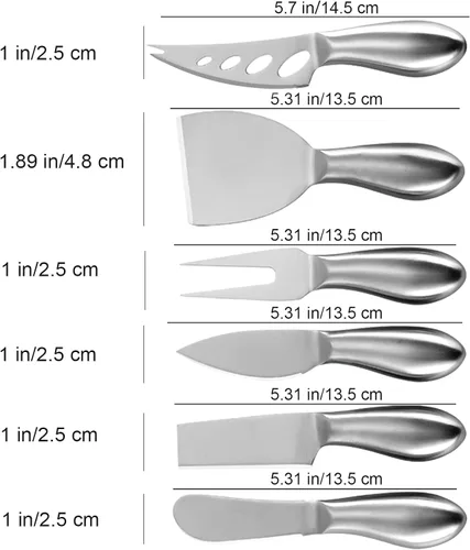Vista 9 de VANRA Juego de 6 cuchillos de queso de acero inoxidable con esparcidor de mantequilla y tenedor para tablas de embutidos y platos de queso