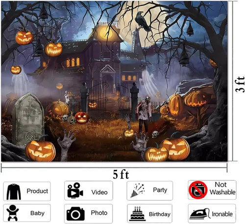 Vista 6 de Telón de fondo temático de Halloween para fotografía, castillo de fantasmas, luna, noche aterradora, calabaza, farol, cuervo, fondo de fotos