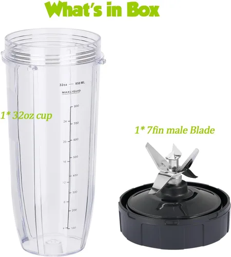 Vista 7 de [Nuevo modelo] Cuchilla macho de repuesto de 7 aletas y vaso de licuadora de 32 onzas compatible con Nutri Ninja Blender