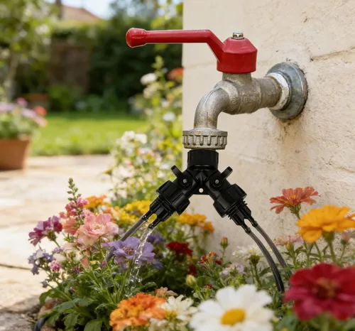 Vista 5 de Tubo de riego por goteo de 1/4 de pulgada a conector adaptador de grifo, divisor en Y de 2 vías para manguera de jardín de 3/4 pulgadas a manguera