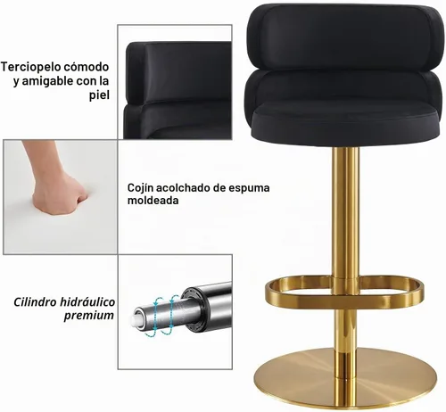 Vista 3 de Taburetes de bar de terciopelo modernos giratorios de altura ajustable para encimera de cocina, taburetes de bar con reposapiés para sala de estar