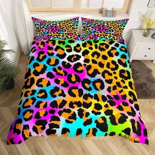 Vista 3 de Feelyou Juego de ropa de cama con estampado de leopardo para niñas, niños y mujeres, funda de edredón de piel de leopardo arcoíris neón, funda