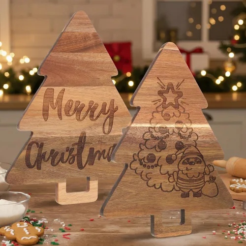 Vista 7 de Umigy 2 Piezas Tablas de Charcutería de Navidad Tabla de Cortar de Madera en Forma de Árbol de Navidad con Mango Cornamenta Madera de Acacia Linda