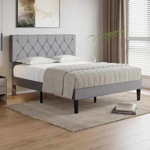 Vista 7 de VECELO Base de cama tamaño Queen con cabecera capitoné con botones, plataforma tapizada con soporte de listones de madera, no necesita somier