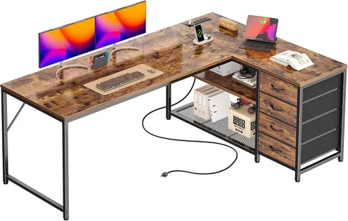 Vista 18 de PRAISUN Escritorio pequeño para computadora de 43.3 pulgadas con tomas de corriente y puerto USB-C, escritorio esquinero reversible en forma de L