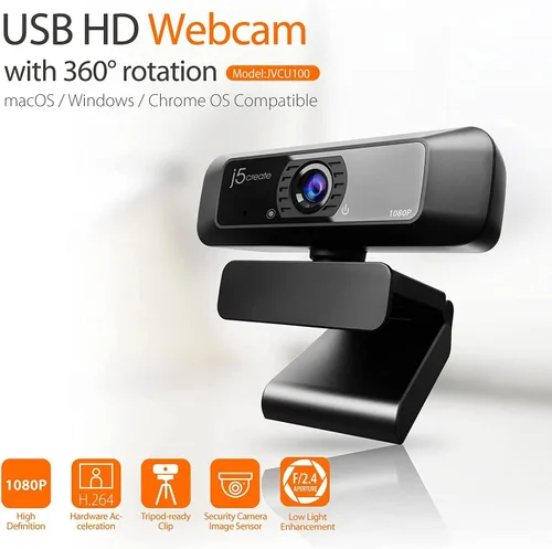 Vista 2 de j5create Cámara web de transmisión USB - 1080P HD con rotación de 360°, micrófono de alta fidelidad, Plug and Play para PC/Mac/computadora