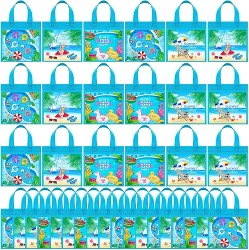 Vista 8 de Sweetude 36 bolsas de recuerdo de fiesta en la piscina, 4 diseños de bolsas de regalo de verano con asas, regalo de playa no tejidas para piscina