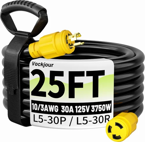 Vista 9 de Vockjour Cable de extensión de generador de 30 amperios L5-30P/L5-30R de 50 Amarillo