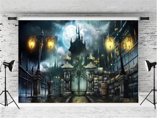 Vista 2 de Telón de fondo de Halloween, puerta del castillo, farol de luna, fondo de fotografía, póster de estudio de fotografía, póster de vinilo para fondo