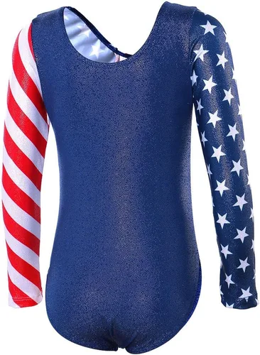 Vista 3 de BAOHULU Leotardos de gimnasia para niñas, ropa de baile patriótica de manga larga con purpurina y pantalones cortos a juego
