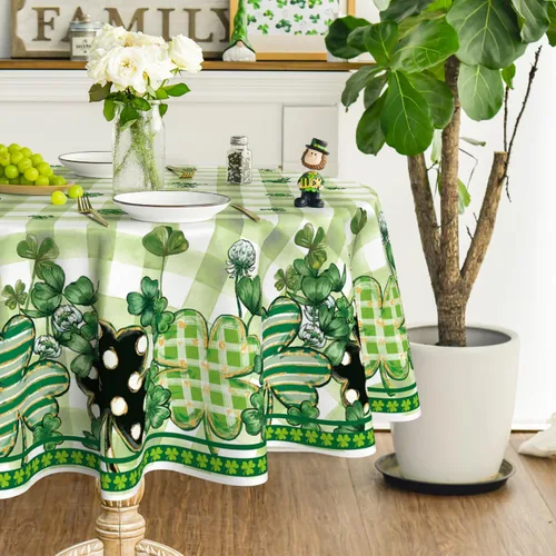 Vista 7 de Horaldaily Mantel rectangular del Día de San Patricio de 52 x 70 pulgadas, funda de mesa de trébol a cuadros de búfalo para decoración de fiesta
