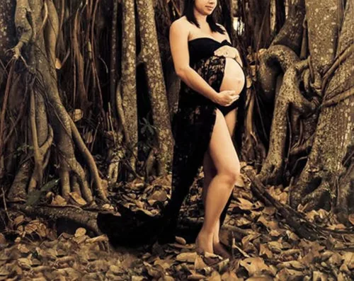 Vista 4 de Wamvp - Vestido de maternidad para sesión de fotos, mujeres embarazadas, encaje con hombros descubiertos, vestido de maternidad para baby shower