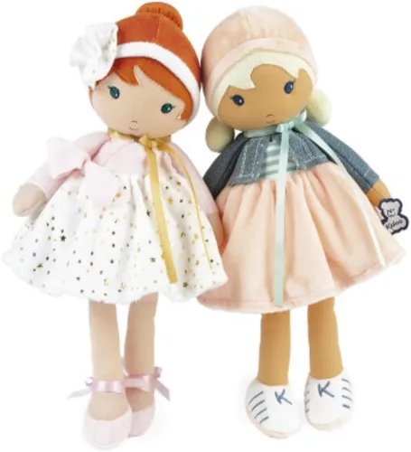 Vista 4 de Kaloo Tendresse My First Fabric Doll Chloe K - Figura de felpa suave mediana de 9.75 pulgadas en vestido de melocotón y rayas, chaqueta de mezclilla