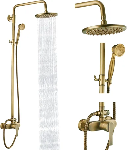 Vista 12 de Heyalan Sistema de ducha de tubo expuesto de latón antiguo de 8 pulgadas, juego combinado de cabezal de ducha de lluvia de 8 pulgadas, mango único