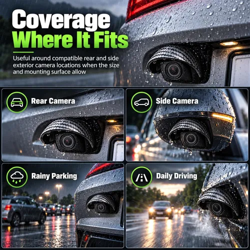 Vista 4 de Protector de lluvia para cámara de respaldo de 4 piezas, toldo curvado de PVC negro, cubierta de lluvia para cámara de marcha atrás, protector