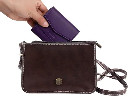 Vista 6 de Cartera pequeña y compacta de cuero para mujer, con bloqueo RFID, tarjetero para tarjetas de crédito para mujer, Púrpura, Cartera RFID