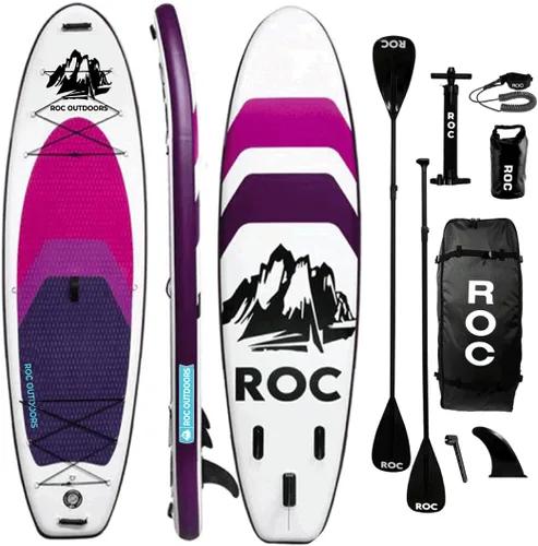 Vista 48 de Roc Tabla de remo inflable con accesorios y mochila de alta calidad, cubierta antideslizante, bolsa impermeable, correa, remo y bomba de mano.