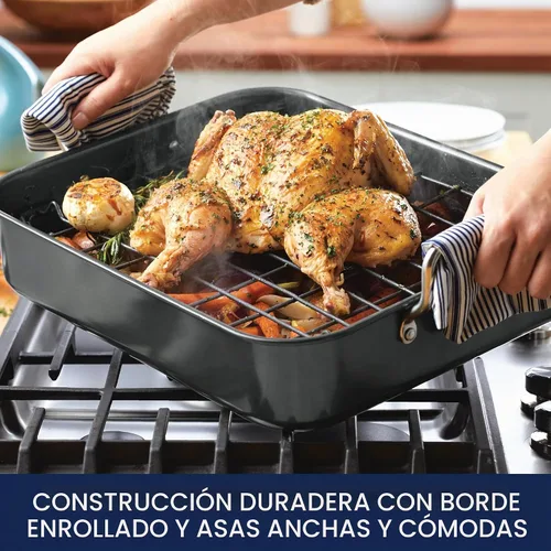 Vista 4 de Rachael Ray Bakeware Asador/Bandeja para Asar Antiadherente con Rejilla Reversible, 16.5 Pulgadas x 13.5 Pulgadas, Gris