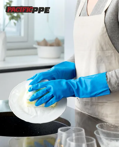 Vista 6 de PACIFIC PPE 4 pares de guantes de limpieza reutilizables para lavavajillas, hogar, cocina, forro de algodón, azul, talla S