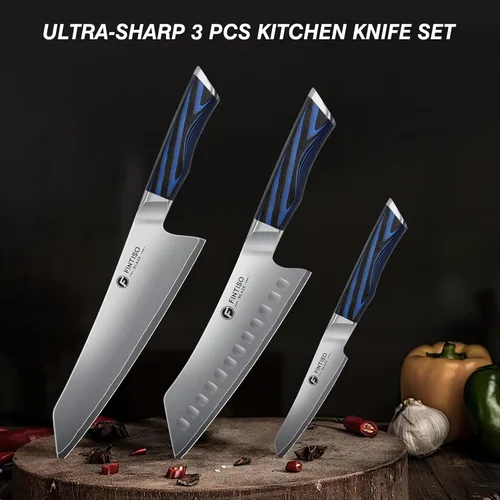 Vista 4 de FINTISO Juego de 3 piezas de cuchillos de cocina, juego de cuchillos de chef profesional con mango G10, juego de cuchillos japoneses de acero