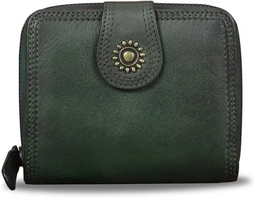 Vista 2 de Billeteras de cuero plegables para mujer, estilo vintage, hechas a mano, pequeño, con cremallera, Verdeoscuro, Billetera plegable