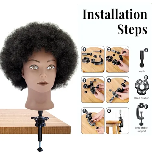 Vista 4 de Cabeza de maniquí afro rizado 100% cabello humano real, (10 pulgadas) negro para trenzado manual, práctica de peinado, peluquería, escuela, maniquí