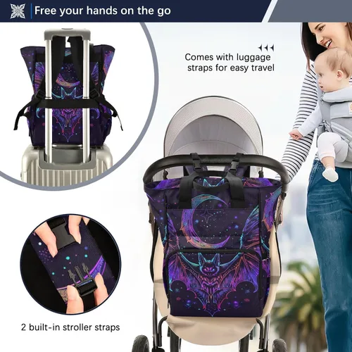 Vista 4 de senya Mochila para pañales, bolsa de viaje multifunción con diseño de murciélago de neón para mamás y papás, Murciélago 1, Compacto
