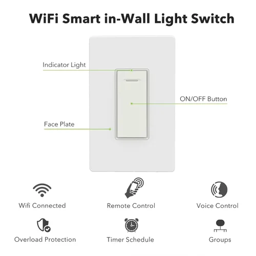 Vista 4 de BN-LINK Interruptor de luz inteligente con función de temporizador, un solo polo, interruptor de pared Wi-Fi de 2.4 GHz, requiere cable neutro