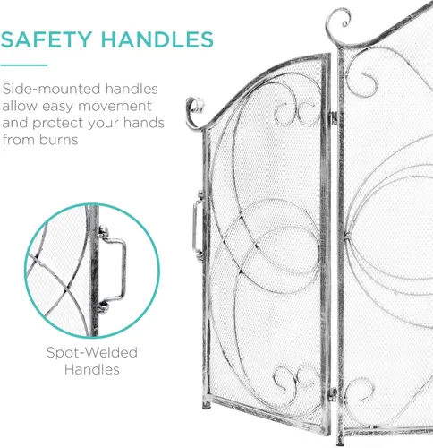 Vista 5 de Best Choice Products - Pantalla de chimenea de 3 paneles de 55x33 pulgadas de hierro forjado macizo transparente, protector de seguridad contra