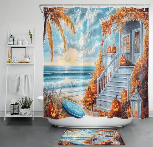 Vista 27 de LB Cortina de ducha de feliz Halloween para baño, flamenco rosa y calabaza naranja con sombrero mágico, cortina de ducha de tela con ganchos, juego
