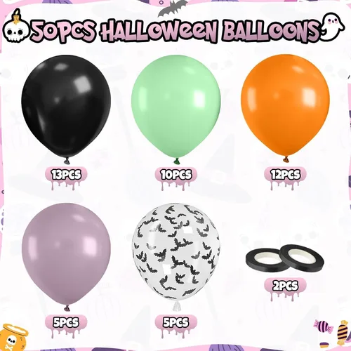 Vista 2 de 50 globos de Halloween, globos de 12 pulgadas, globos morados negros y anaranjados de 12 pulgadas, globos de confeti de murciélago, globos de látex
