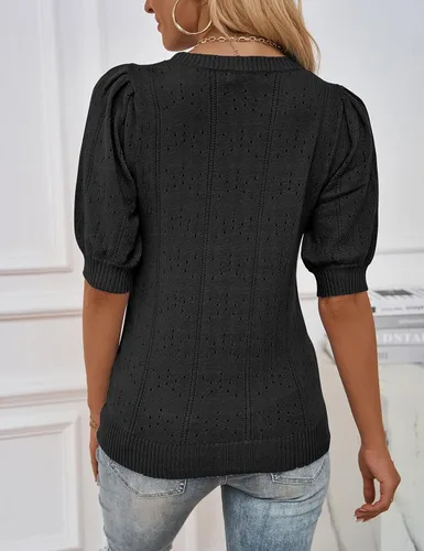 Vista 4 de MEROKEETY Suéter de manga corta abombada para mujer, cuello redondo, tejido de ganchillo, suave, para otoño 2024