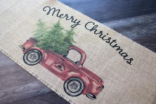 Vista 4 de Camino de mesa vintage de arpillera con diseño de camión rojo feliz Navidad