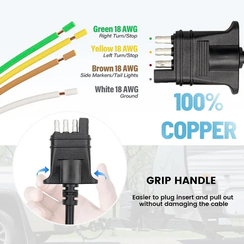 Vista 7 de MECMO Cable de extensión de cable plano de 4 pines para remolque de 5 pies, conector de 4 vías para el lado del vehículo y el lado del remolque