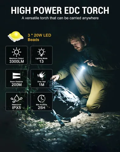 Vista 2 de Linterna EDC recargable, linterna de bolsillo de 3300 lúmenes Mini linternas con carcasa luminosa y magnética: linternas impermeables IPX5