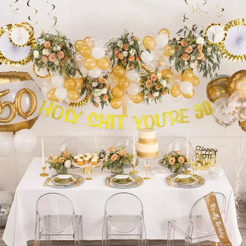 Vista 5 de Cartel de Holy Shit You're 50, pancarta de cumpleaños 50, decoración de fiesta de cumpleaños con purpurina dorada para hombre y mujer, divertidos
