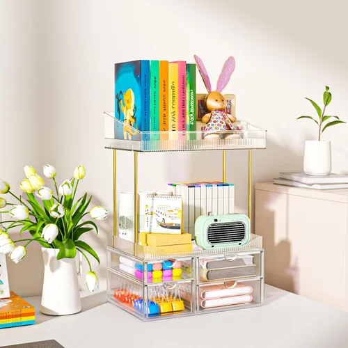 Vista 5 de SNSLXH Organizador de maquillaje de 4 cajones, 4 niveles, organizador de cosméticos, ideal para cosméticos, con cajones para encimera, baño
