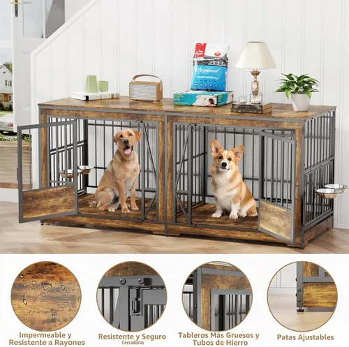 Vista 4 de Jaula doble para perros de 61'', mueble para 2 perros, soporte de TV con jaula para perros con divisor ajustable, mueble de jaula doble para perros