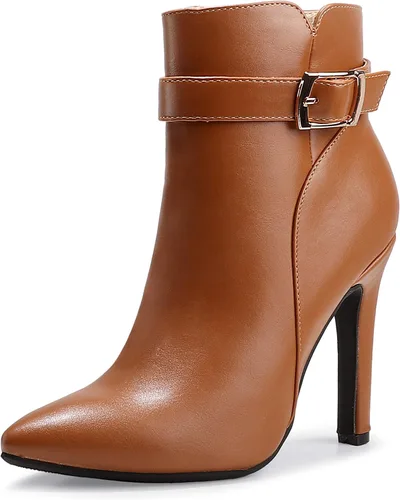 Vista 9 de IDIFU Dana - Botines de tacón de aguja alto con punta puntiaguda para mujer, botas cortas con cremallera lateral y hebilla de metal Poliuretano negro